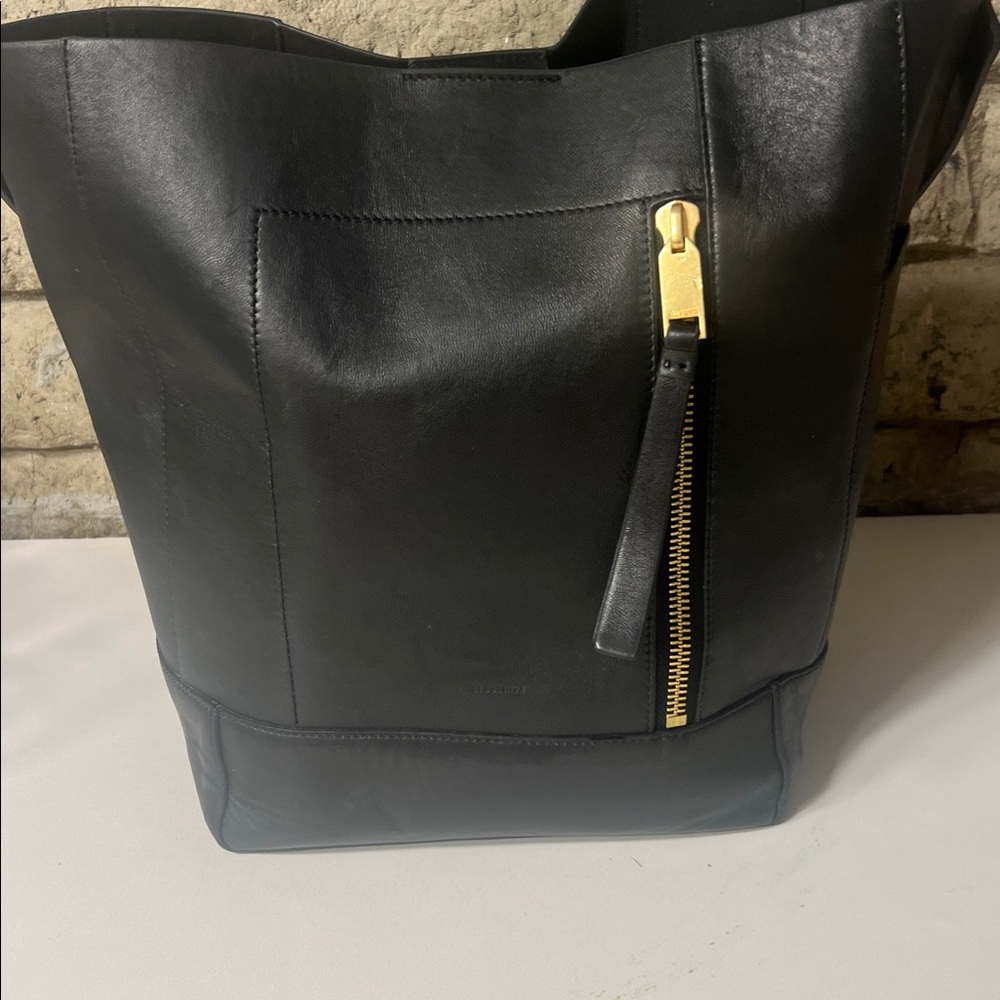 All Saints Black Leather Tote with Gold Zipper - Picture 9 of 12